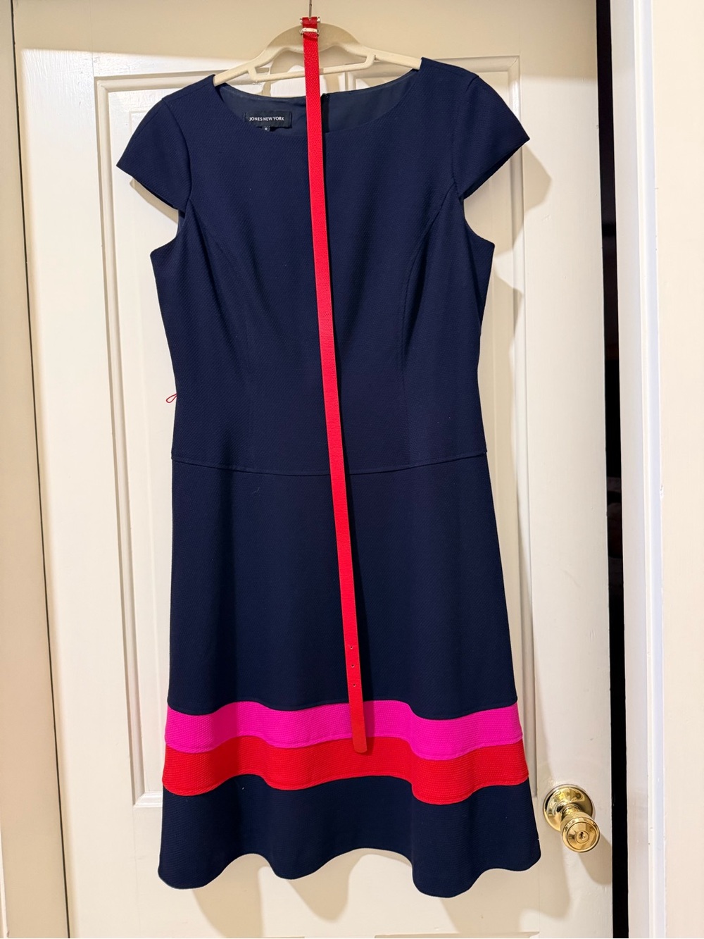 Jones New York Navy Fit-and-Flare Dress with Pink and Red Bands